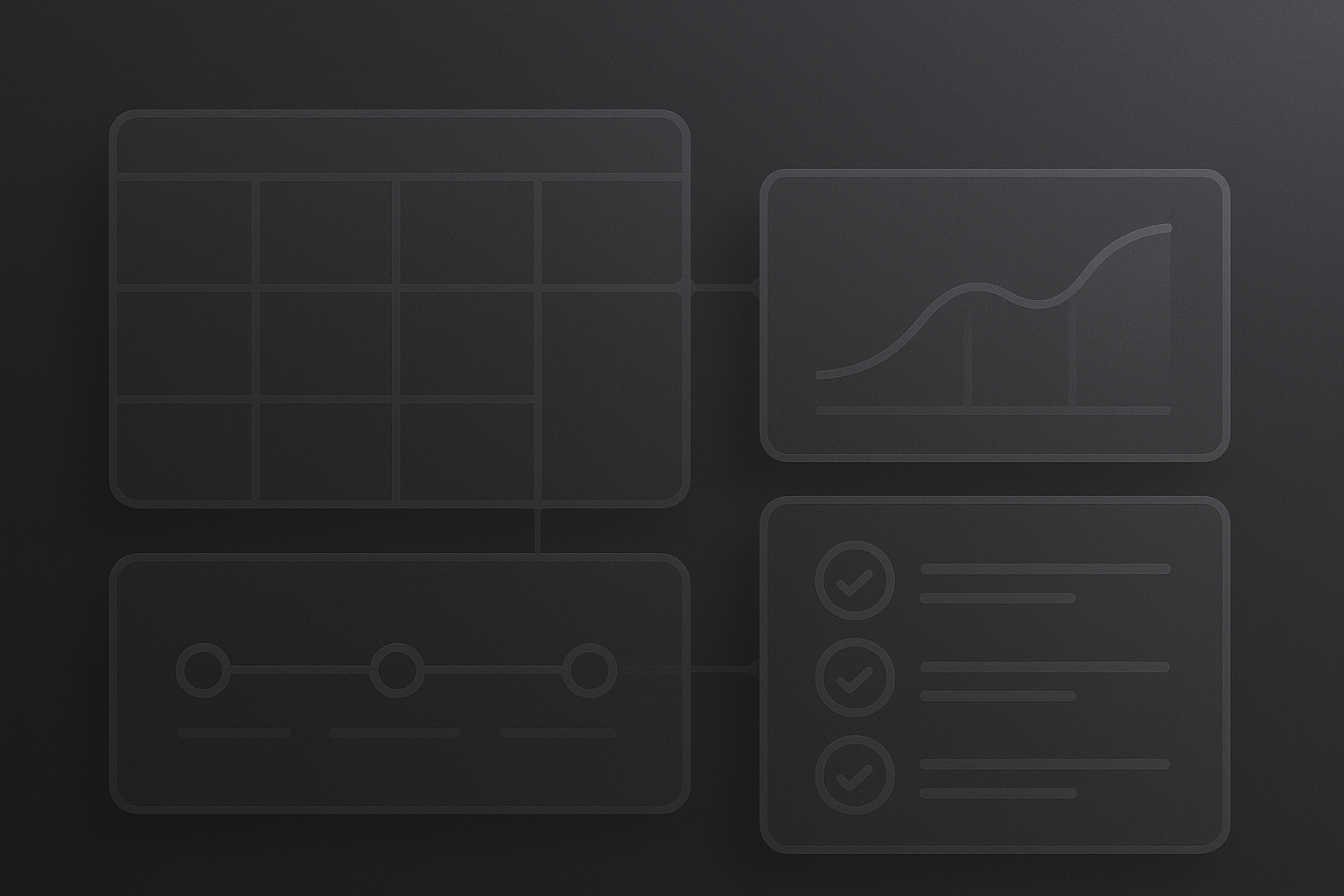 Collage of glass UI panels: canvas grid, roadmap, chart, checklist